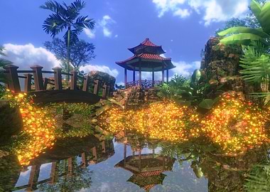 Asian Pagoda in Lush Garden