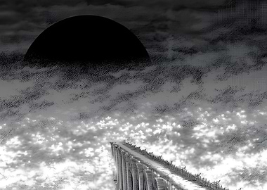 Monochrome Eclipse over a Distant Bridge