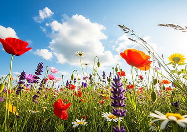 Colorful Wildflower Meadow Under Blue Sky