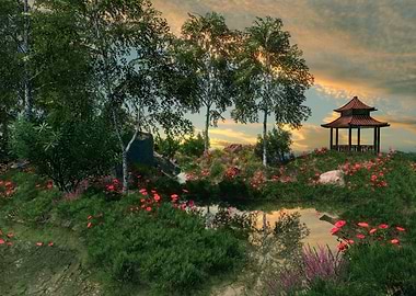Japanese Garden with Pagoda and Pond