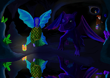 Fantasy Cave with Fairy and Dragon