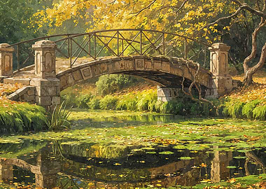 Autumn Bridge over Pond Painting