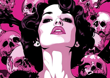 Woman with Skulls on Pink Background