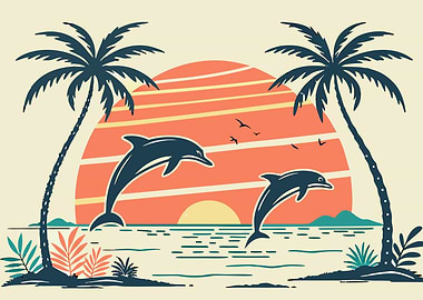 Dolphins at Sunset with Palm Trees