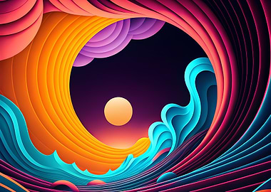 Vortex Sunset Through Layered Paper Waves — 3D Abstract Seascape in Vibrant Colors