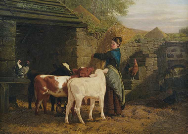 Farm Scene with Woman and Animals