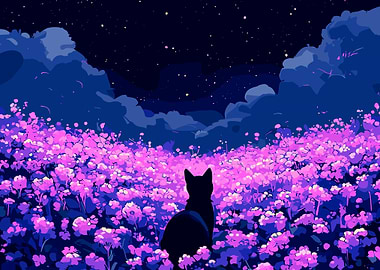 Cat in a field of flowers