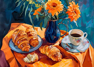 Breakfast Still Life with Croissants and Coffee