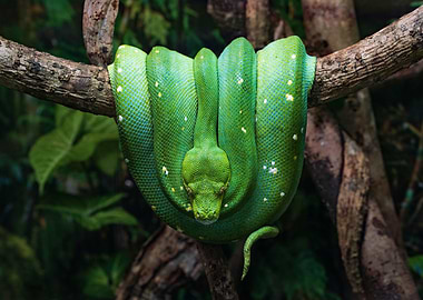 Green Tree Python Coiled on Branch