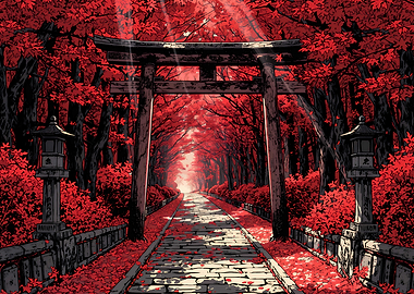 Red Torii Gate in Autumn Forest
