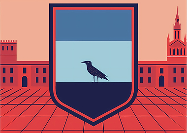 Raven on Shield with Cityscape