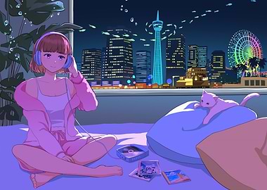 Anime Girl Listening to Music at Night