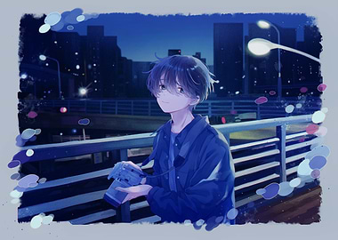 Anime Boy with Camera at Night