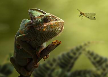 Chameleon and Dragonfly in Green Nature
