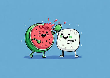 Cartoon Watermelon and Mochi Boxing Match