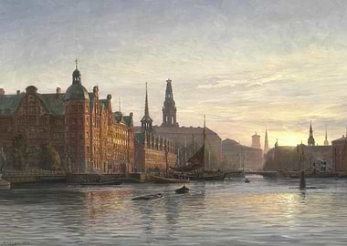 Copenhagen cityscape painting at sunrise