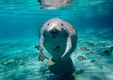 Manatee with Fish in Clear Water