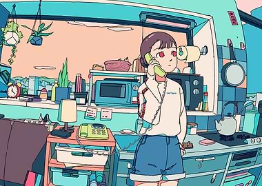 Anime Girl on Phone in Kitchen