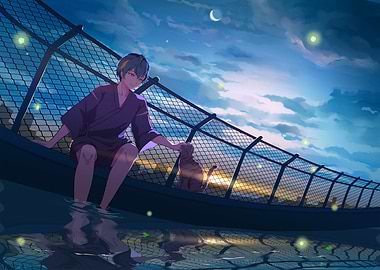 Anime Boy with Cat by Water