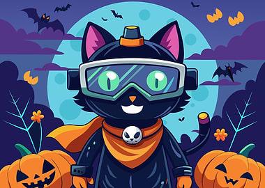 Halloween Cat with Goggles and Pumpkins