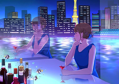 Anime Girl at Night City Bar