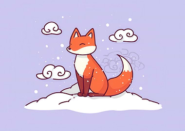 Cartoon Fox on Cloud with Snow