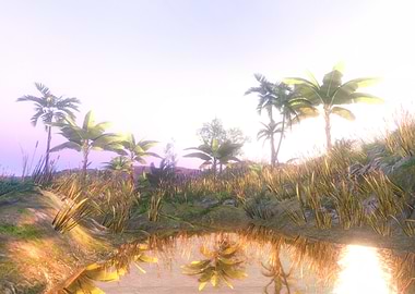 Tropical Landscape with Palm Trees Reflection