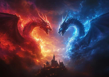 Red and Blue Dragon Confrontation