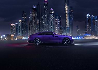 Purple Rolls Royce at Night Cityscape