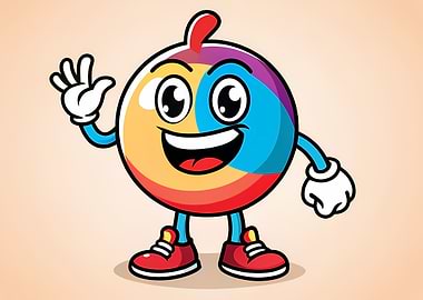 Cheerful Multicolor Ball Mascot Waving — Cute Cartoon Round Character