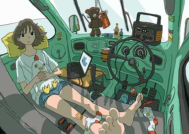 Girl Relaxing in Car Interior Illustration
