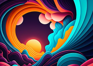 Layered Paper Waves Framing Sunset — Vibrant 3D Abstract Seascap