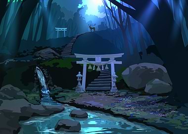 Mystical Forest Shrine with Deer