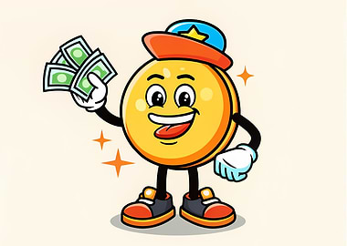 Happy Coin Mascot Holding Cash — Cartoon Money Character with Cap