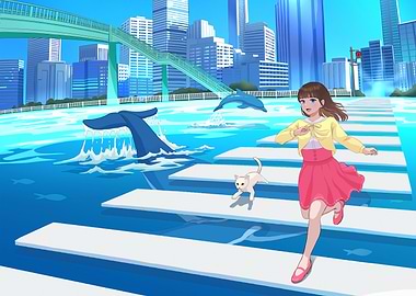 Anime Girl Running with Cat in City