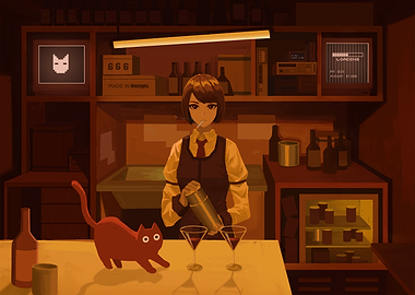 Bartender with Cat in Dimly Lit Bar
