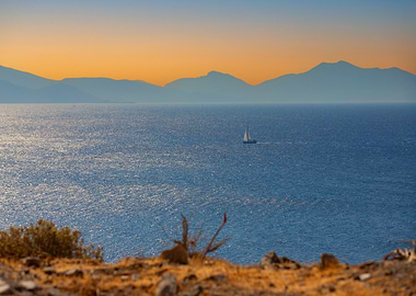 Sailboat on the sea at sunset, Greek Island