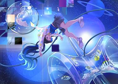 Anime Girl in Space with Fish