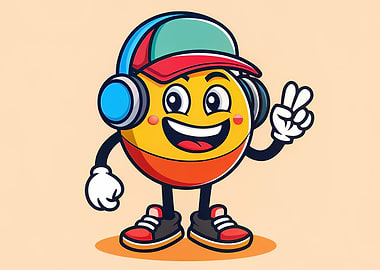 Happy Round Mascot with Headphones and Cap — Peace Sign Cartoon Character