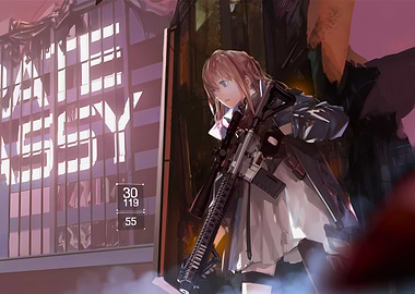 girl with rifle in cityscape