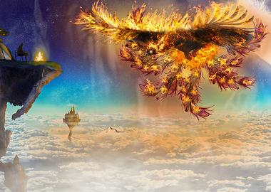Fantasy landscape with phoenix
