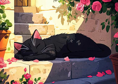 Sleeping Cat on Stone Steps with Roses
