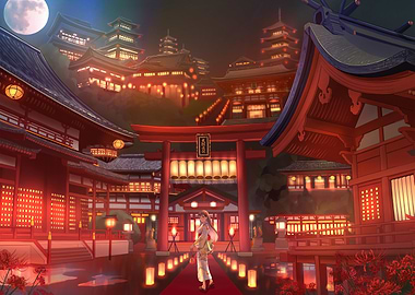 Japanese Temple at Night with Figure