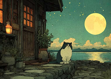 Cat by the Cottage Under Moonlight