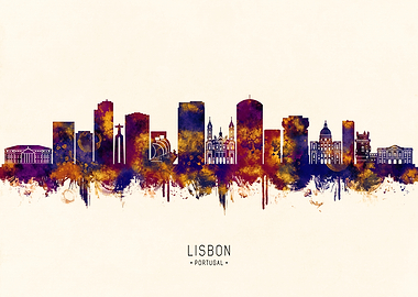 Lisbon Portugal Watercolor Skyline