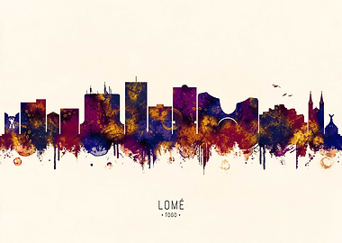 Lome, Togo Skyline Watercolor Silhouette