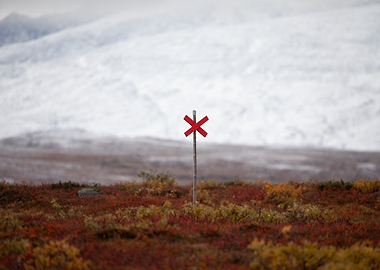 Red trail marker and autumn colors in a snowy landscape