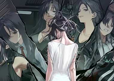 girl surrounded by mirror shards