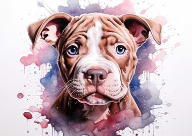 Watercolor Pitbull Portrait with Blue Eyes