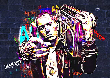 Eminem with Boombox on Brick Wall